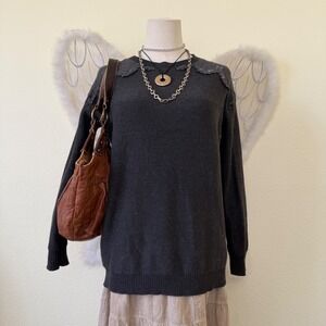 Indie Sleaze Whimsy Twee Charcoal Grey Lace Crew Knit Sweater Feminine Girly Y2K